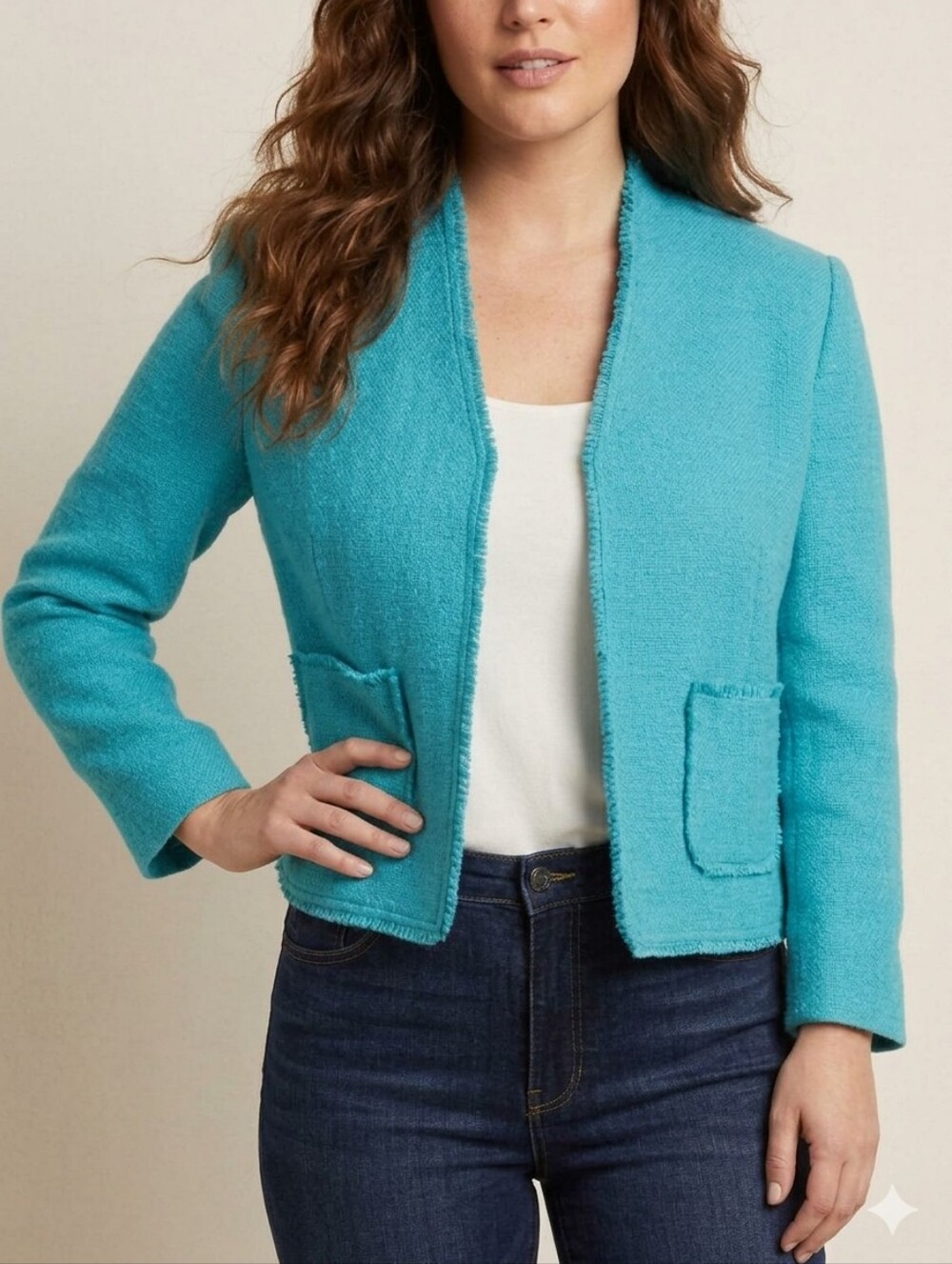 Vtg Y2K Old Navy Cropped Tweed Blazer Jacket Turquoise Blue XS Spring ‘05 Preppy
